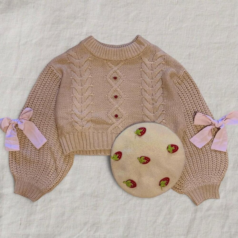Kawaii Coquette Pink Bow Cream Knit Oversized Sweater